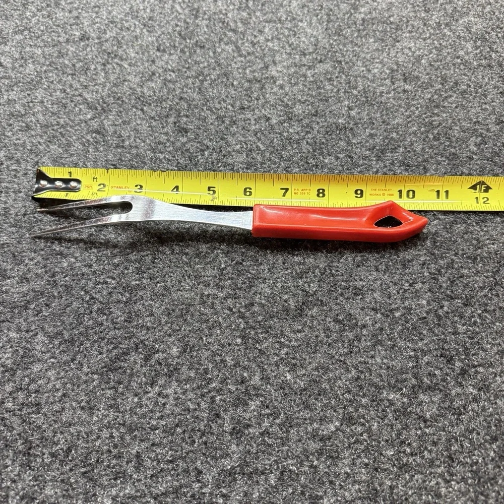 Quikut Stainless Steel Two-Prong Carving Fork Red Handle Vintage